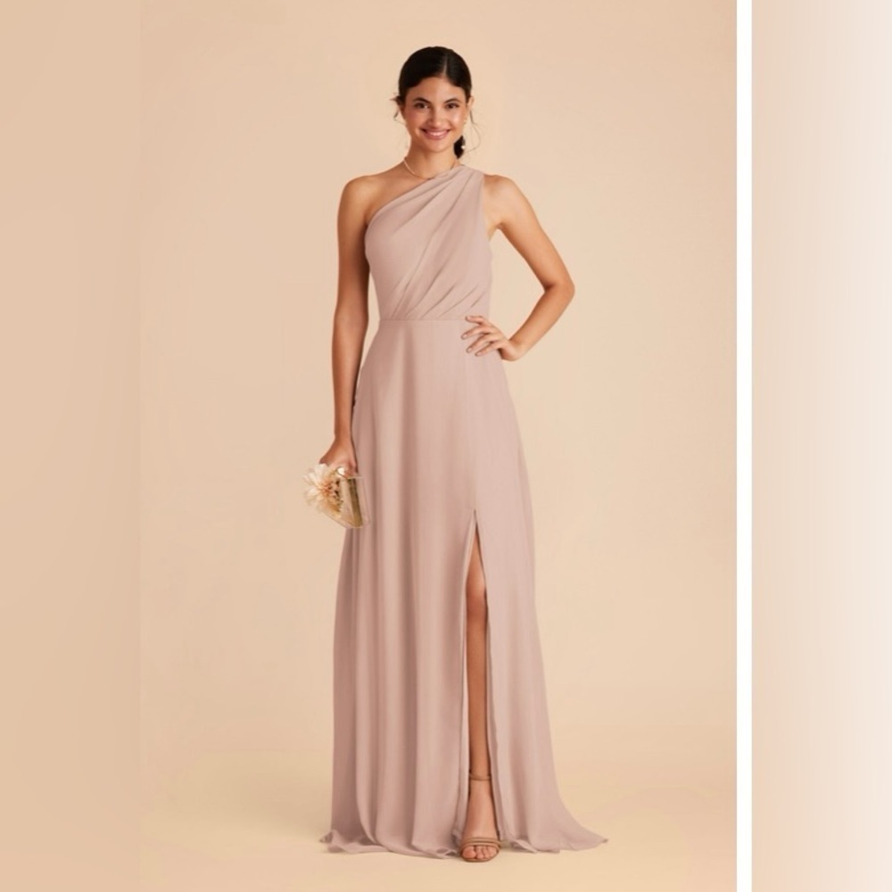 Birdy Grey “Kira” one shoulder dress in taupe chiffon. Maxi length. NWT. Small